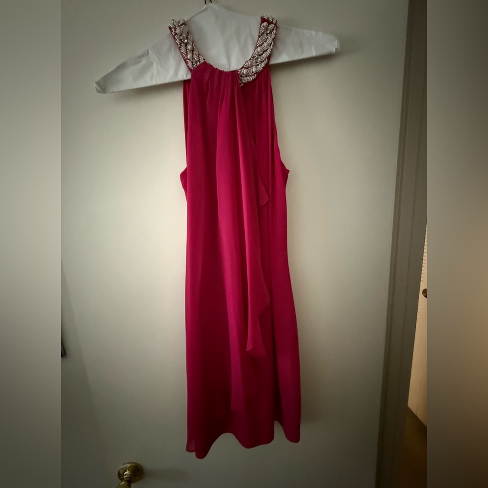 Cache Fuchsia Sleeveless Dress with Embellished Neckline